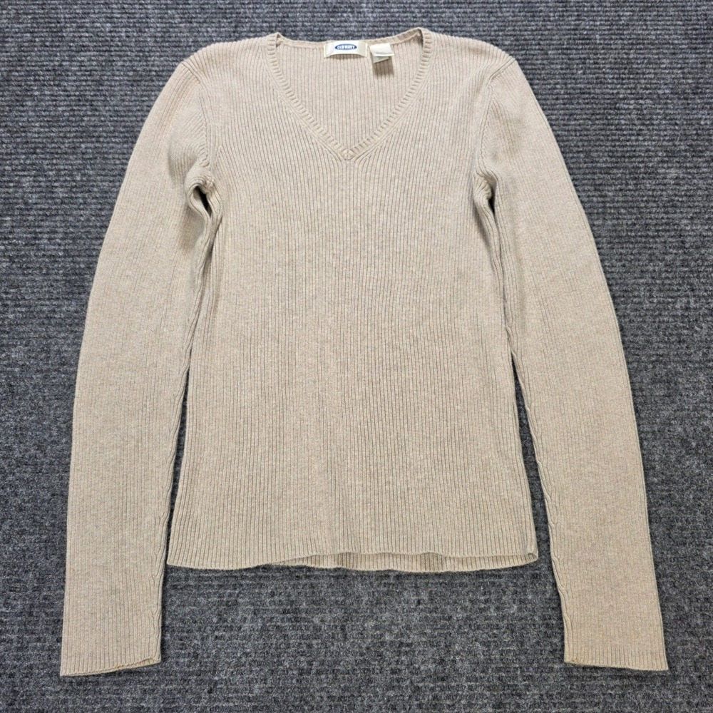 Old Navy Ribbed Knit Sweater Women's Size M Beige V-Neck Pullover 100% Cotton